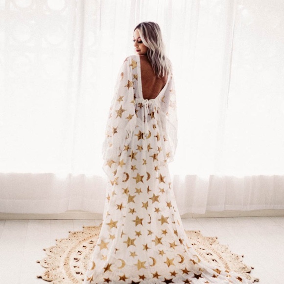 Flutterdress White with Gold Star and Moon Design Maxi Dress - Picture 12 of 13